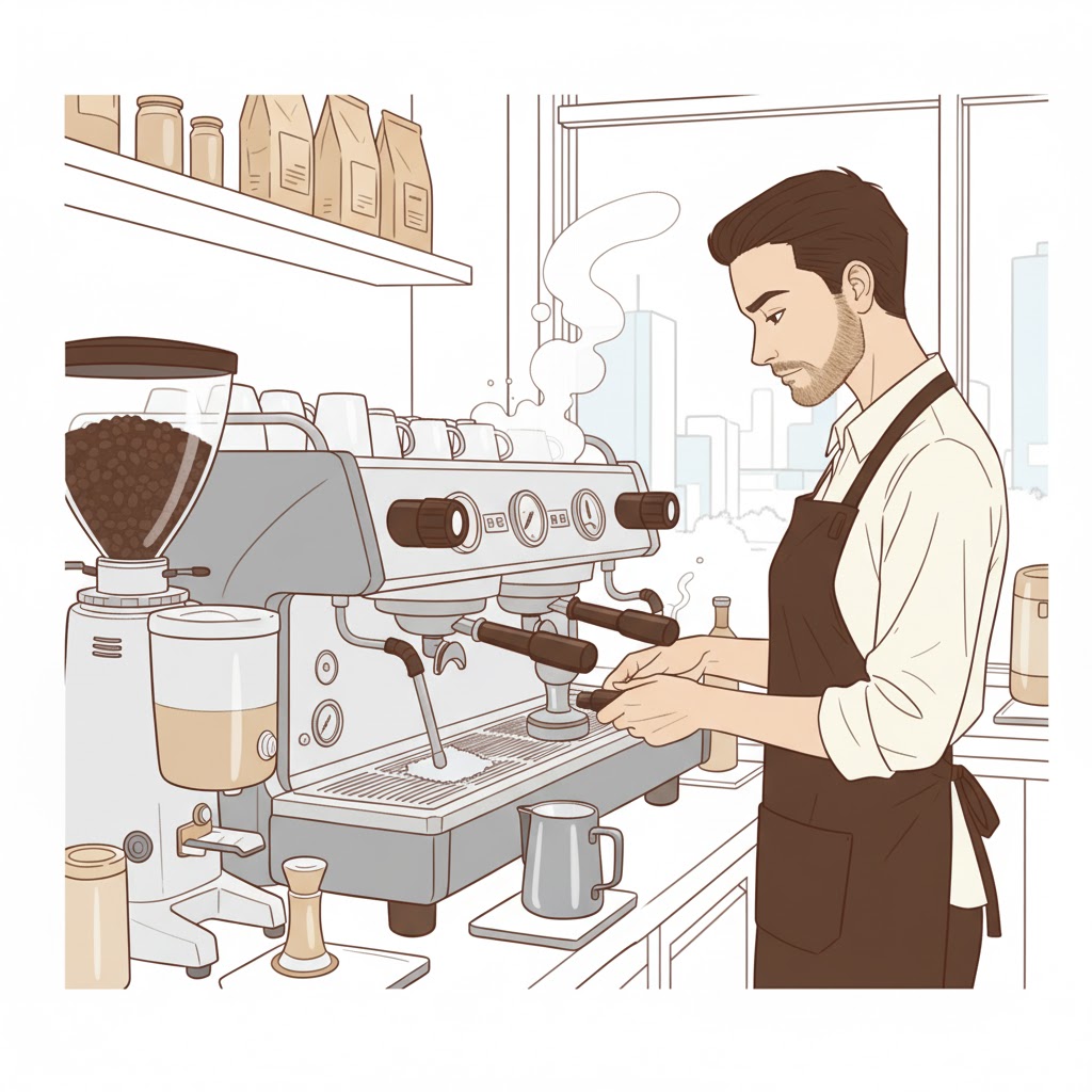 A coffee barista with coffee machine